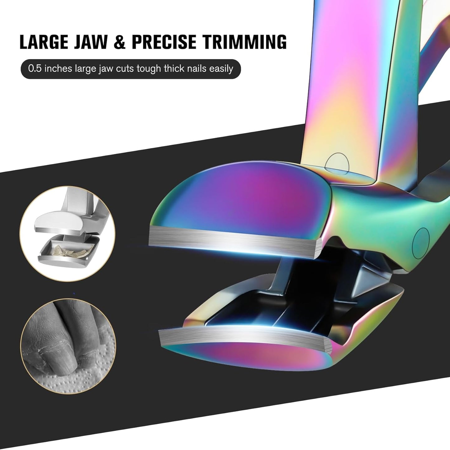 FERYES Angled Head Long Handled Toenail Clipper for Seniors - Large Wide Jaw Nail Clipper with Catcher for Thick Nails - Easier Trimming, Ergonomic Design (Rainbow