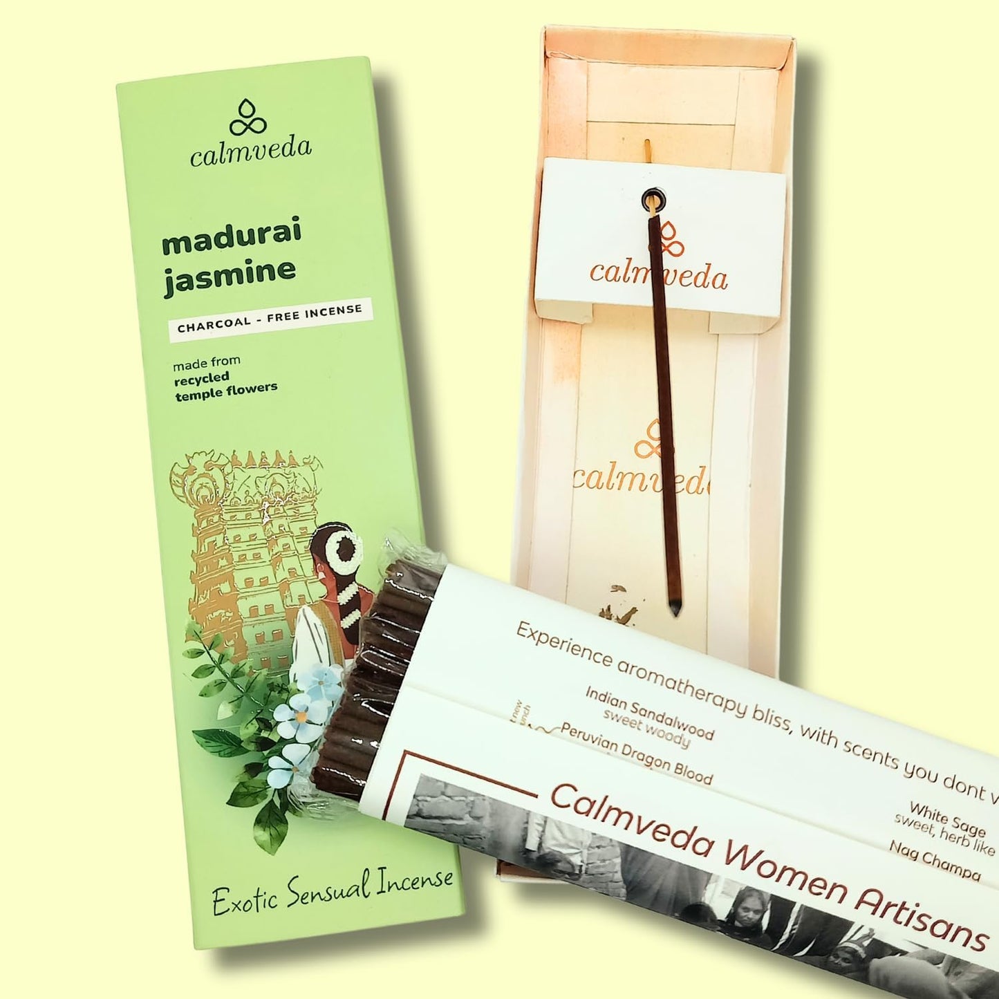 Madurai Jasmine Incense Sticks Exotic - Sensual Aroma (80 Sticks) Charcoal Free Incense, Made from Upcycled Flowers | Rich Decadent from Green, Fruity Yet Creamy Floral | Kama or Love Incense Sticks