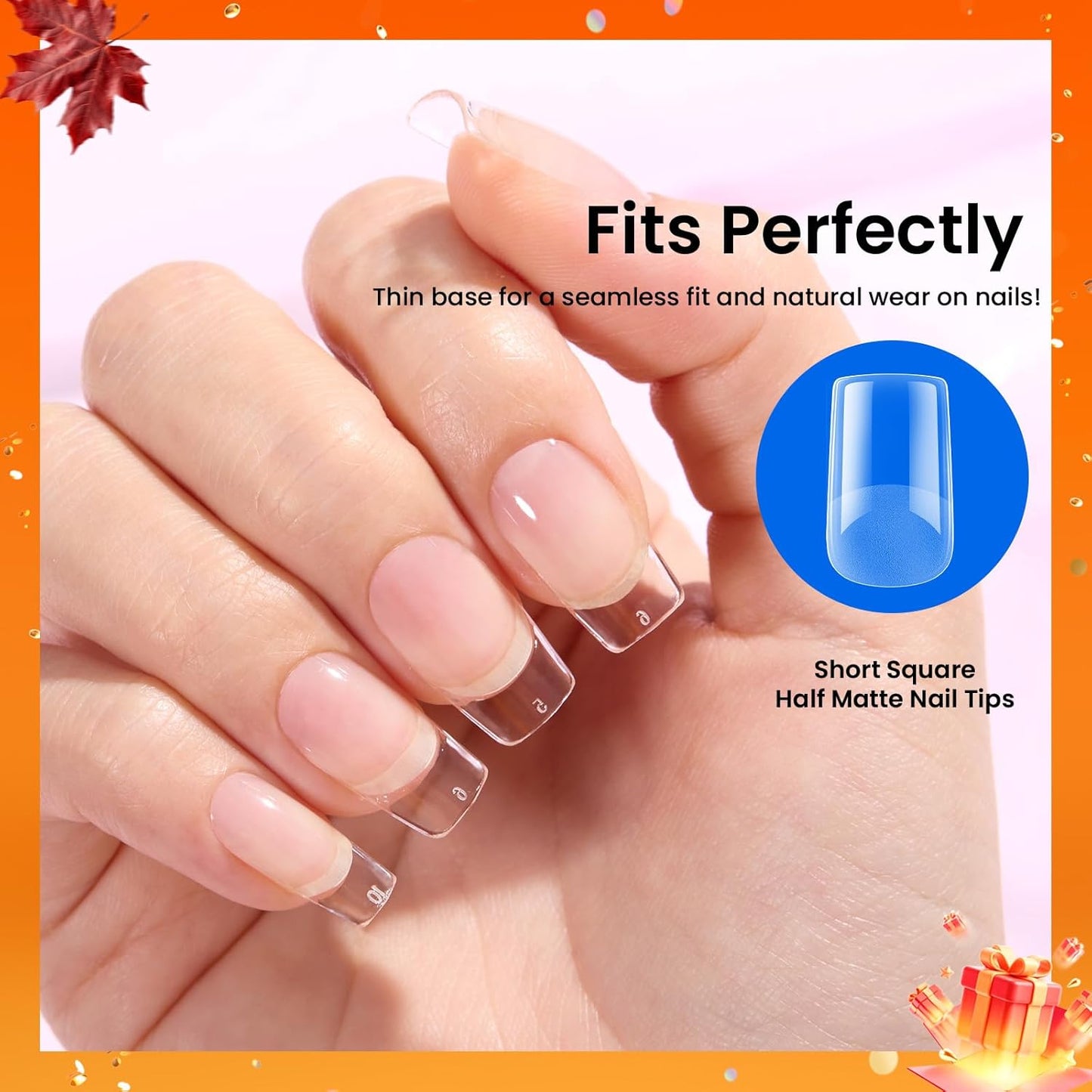 Beetles Short Square Gel Nail Tips 12 Sizes 288 PCS Half Matte Full Cover False Nails Clear Acrylic Nails Glue on Nails for Girls Women DIY Nail Extension
