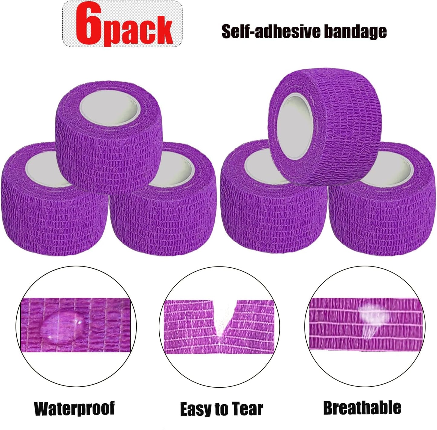 Hysiwen 6 Pack 1" x 5 Yards Self Adhesive Bandage Breathable Cohesive Wrap Self Adherent Vet Tape Self Stick Bandage Wrap for Sports, Athletic, Wrist, Ankle(Purple)