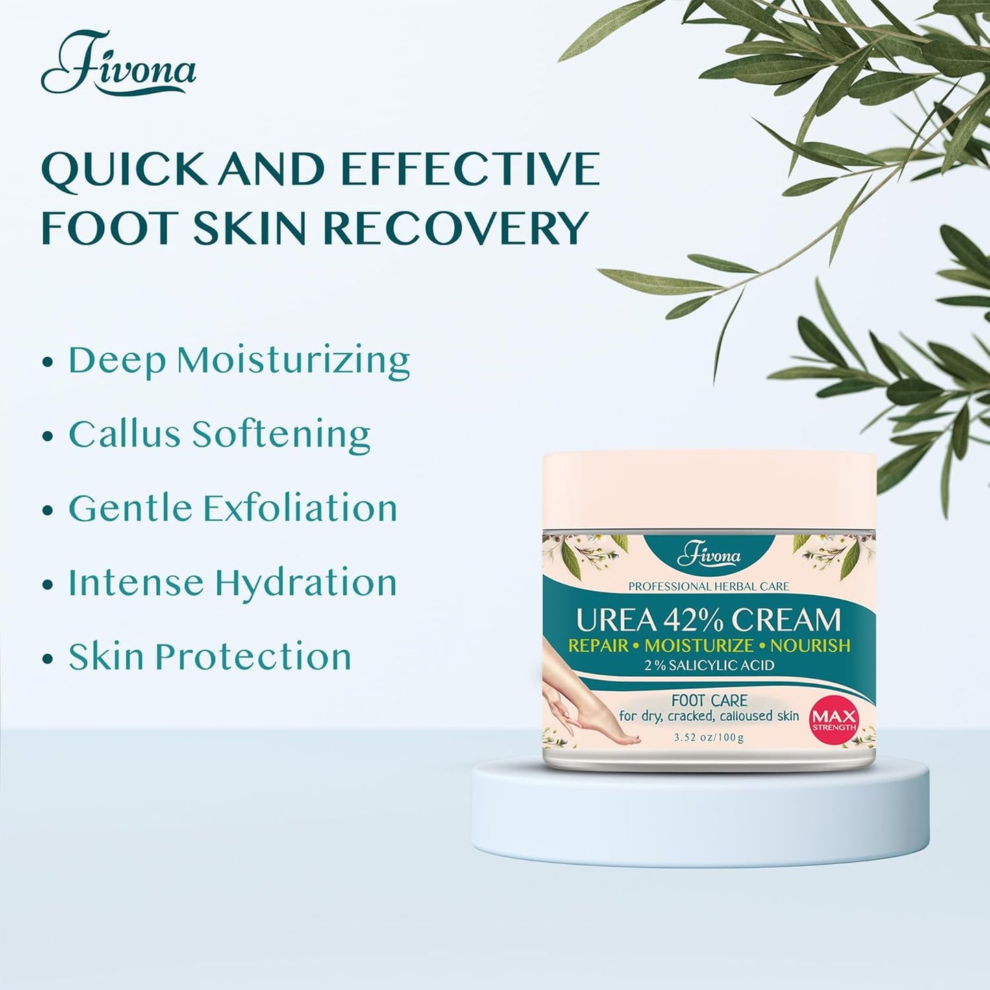 FIVONA 42% Urea Cream with 2% Salicylic Acid, Foot Cream for Feet Maximum Strength with Tea Tree and Aloe Vera Extracts Foot Lotion for Dry Cracked Heels, Callus Remover, Moisturizer Repair Cream