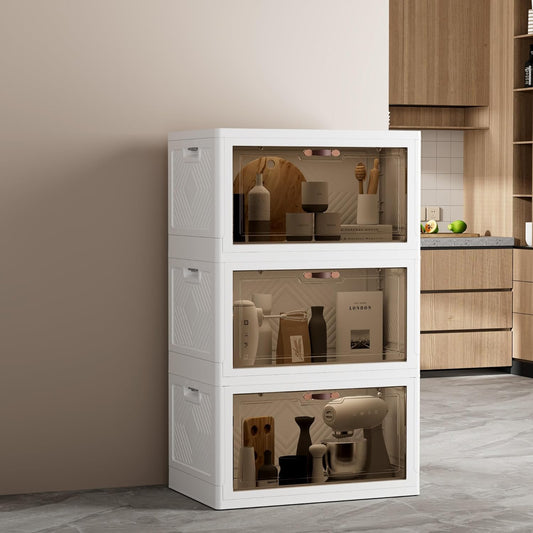 JOYMOOP Folding Storage Bins Organizer, 148.8 Quart Collapsible Storage Boxes with Wheels and Door, Stackble Plastic Storage Container for Clothing, Books and Sundries (XL, 12.4 Gal Per, 3 Tiers)