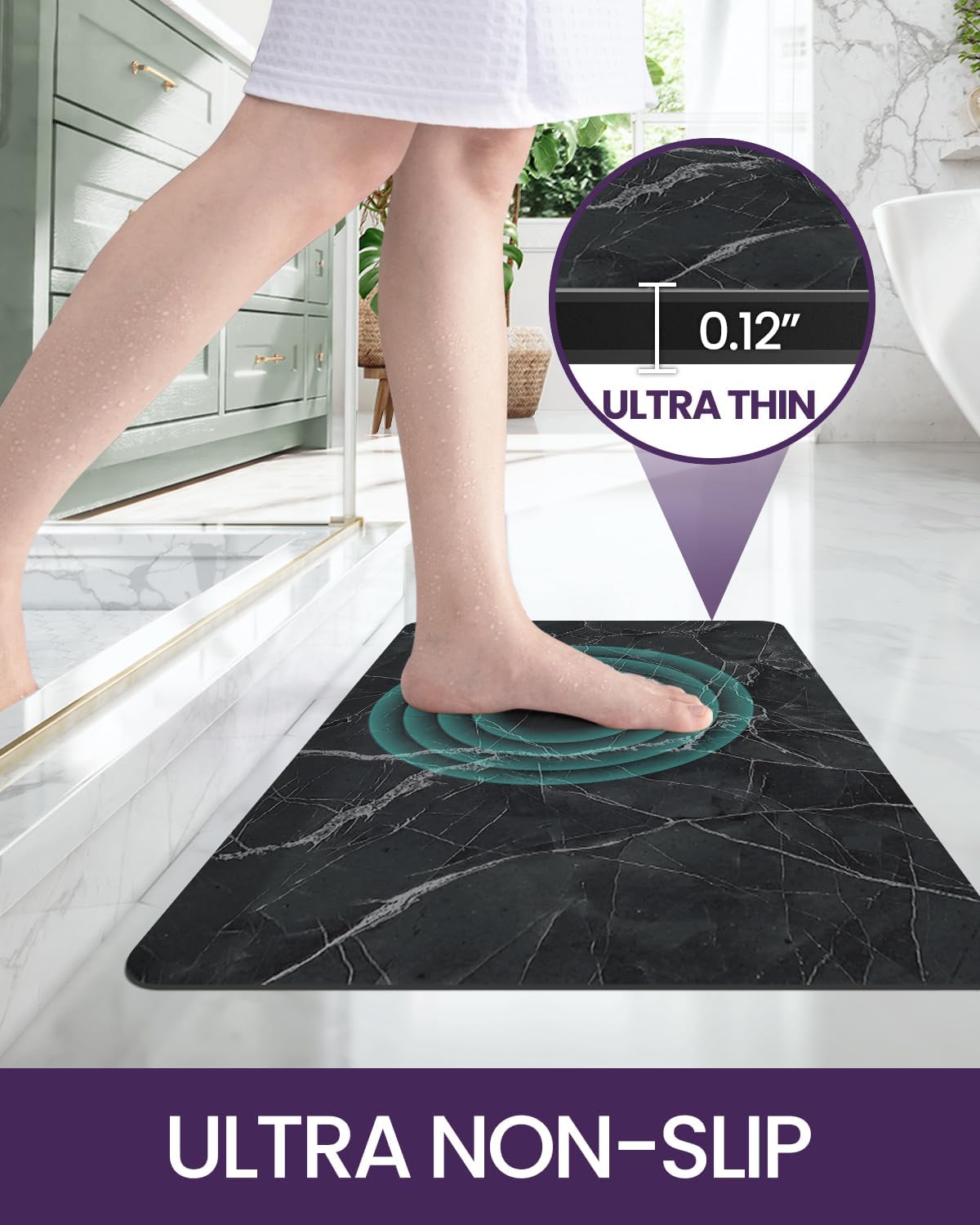 DEXI Bath Mat 16x24, Non Slip Quick Dry Rugs, Super Absorbent Ultra Thin Marble Bathmat, Washable Rubber Mats for Shower Floor, in Front of Bathtub, Sink, Bathroom Accessories Decor, Black