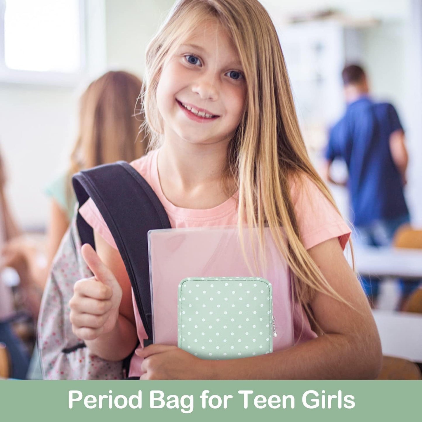 Desing Wish Sanitary Pad Storage Bag Portable Period Bag for Teen Pads/Sanitary Napkins/Small Tampons, Sanitary Napkin Storage Bag First Period Gifts for Teen Girls (Green Dot)
