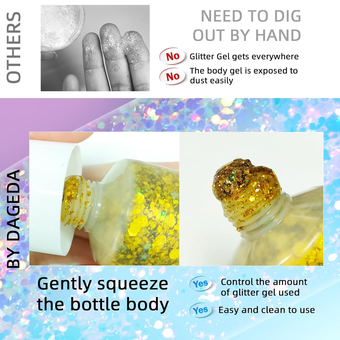 DAGEDA Body Glitter Gel, Face Glitters Body Gel Sequins Shimmer Liquid Eyeshadow, Chunky Glitter for Face Hair Nails, Holographic Cosmetic Laser Powder Festival Glitter Makeup 50ml(Gold