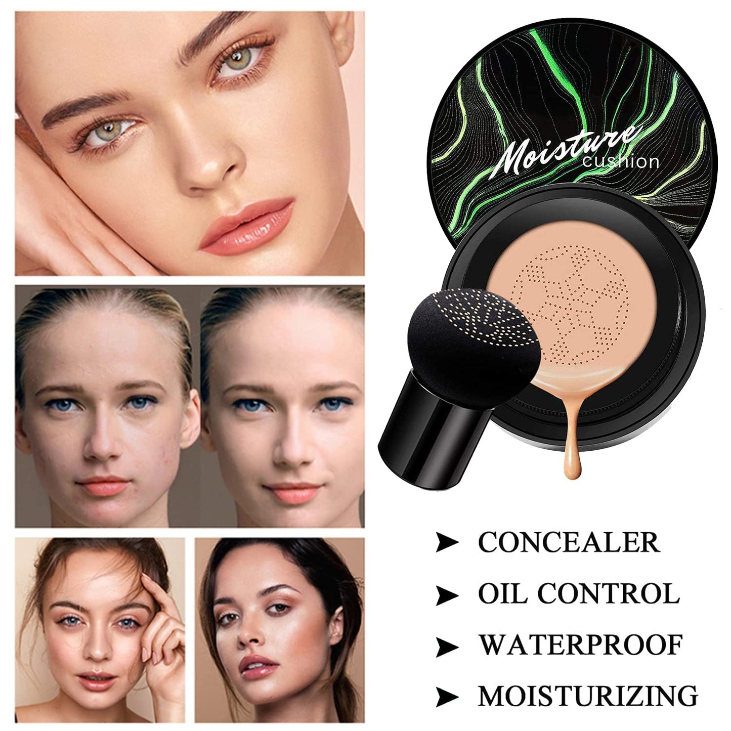 2 PCS Mushroom Head Air Cushion CC Cream Nature Foundation,Foundation Brush Powder Brush,Moisturizing Concealer, Bright Makeup Base Long Lasting with Mushroom Makeup Sponge(#03 Warm Nude)