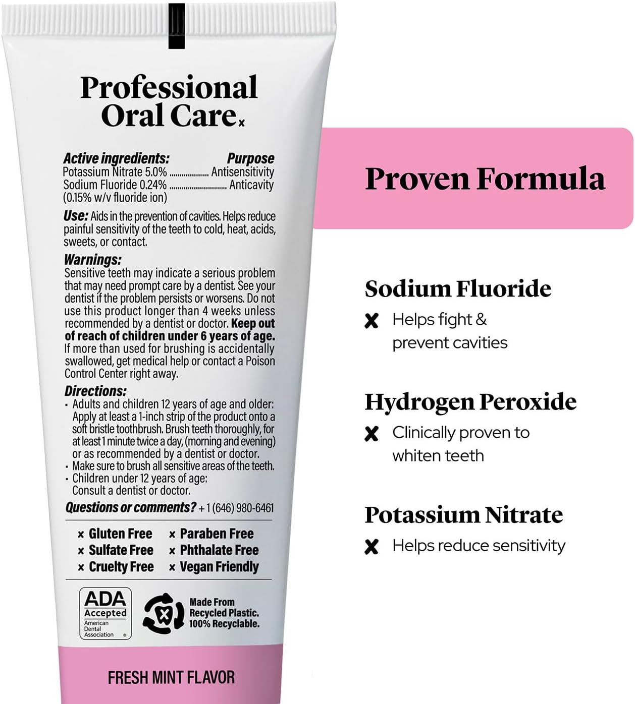 Professional Sensitive + Whitening Toothpaste - Advanced Daily Whitening Toothpaste for Sensitive Teeth, ADA Approved, Vegan, Sulfate-Free, 2 x 4.2oz