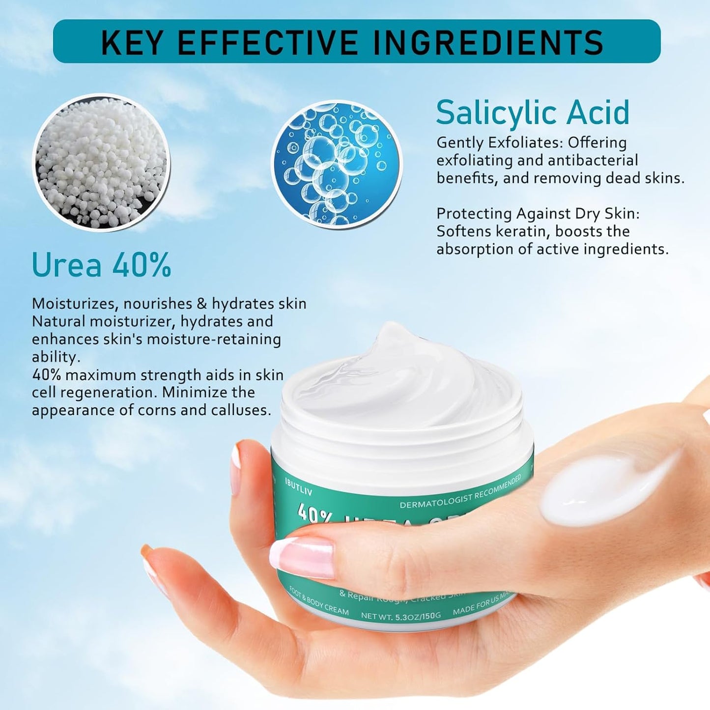 Urea Cream 40 Percent For Feet Maximum Strength - plus Salicylic Acid 2% Foot Cream For Dry Cracked Heels Feet Knees - Dead Skin Cuticle Callus Remover Toenail Softener - Pack of 2