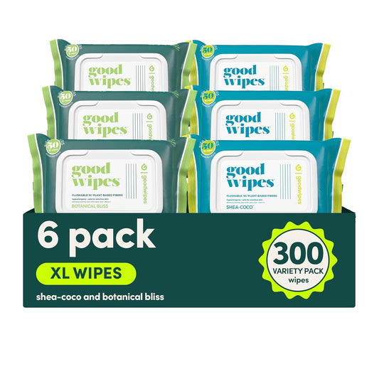 goodwipes Flushable Butt Wipes - Extra Large Adult Wet Wipes For Women & Men - Bathroom Essentials - Sewer & Septic Safe - Shea Coco & Botanical Bliss, 300 Count (6 Packs)