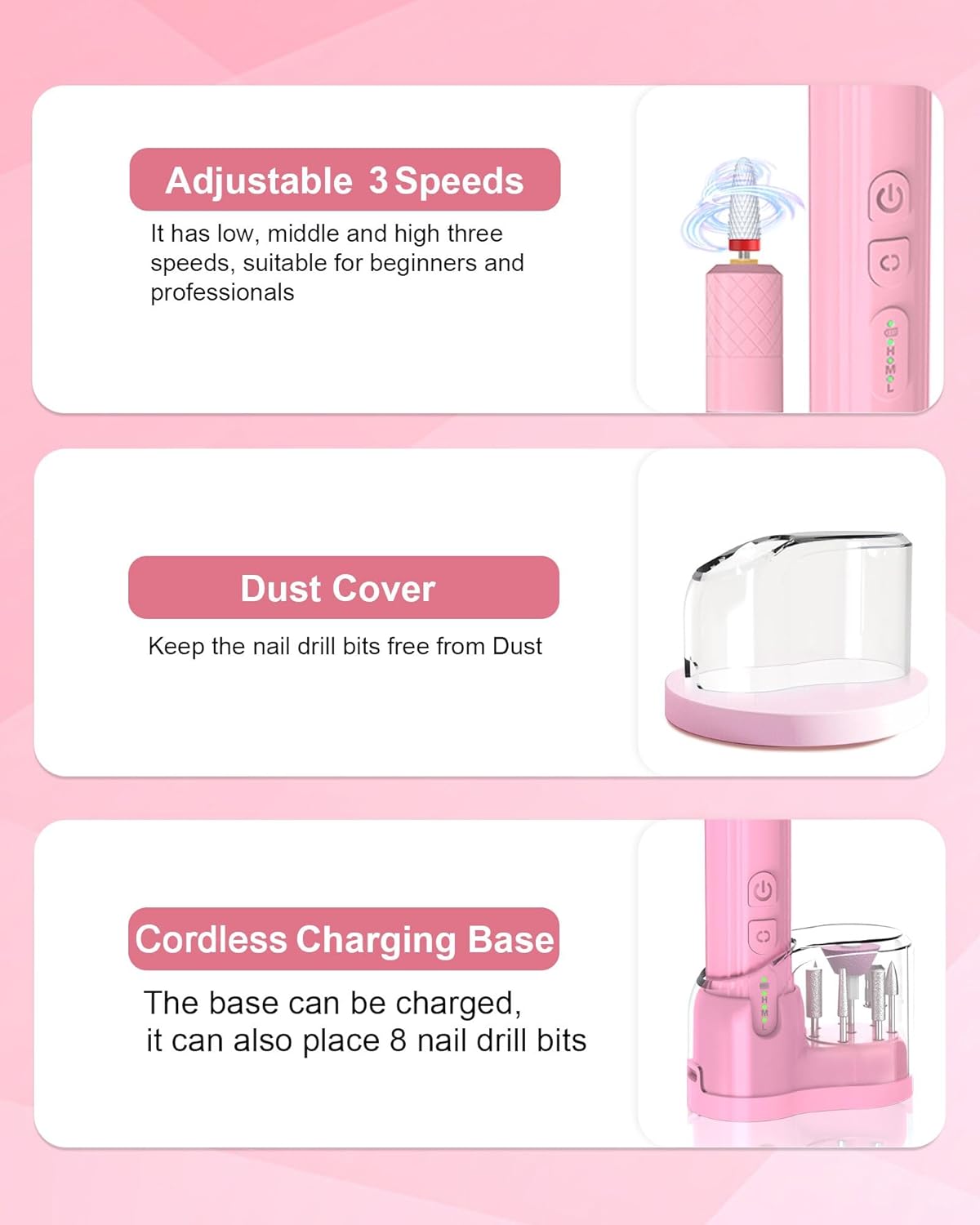 Electric Cordless Nail Drill Portable Nail Drill Machine for Gel Acrylic Nails, Rechargeable Nail File for Home Salon Electric Nail File Pink