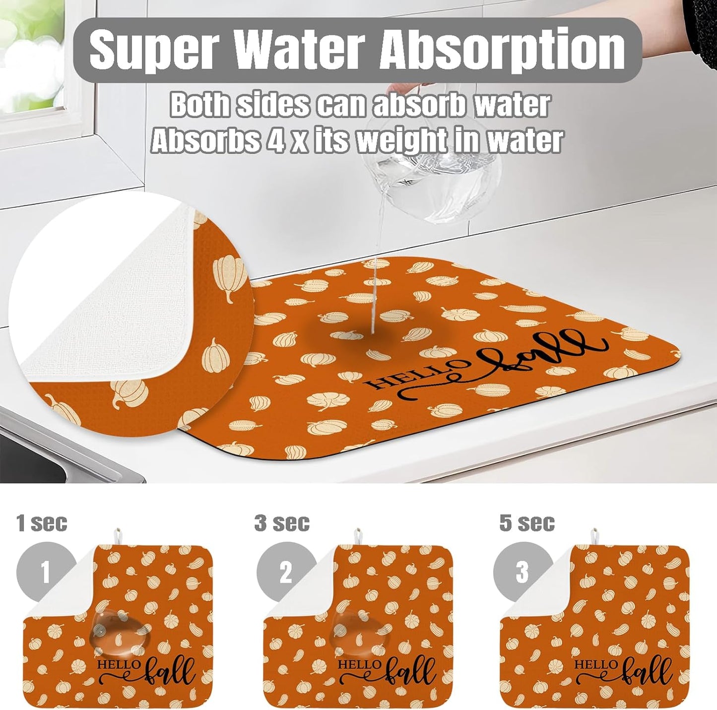 Dish Drying Mat for Kitchen Counter Large 16" x 18" Fall Pumpkin Absorbent Microfiber Dishes Drainer Rack Mats Pad Reusable Washable