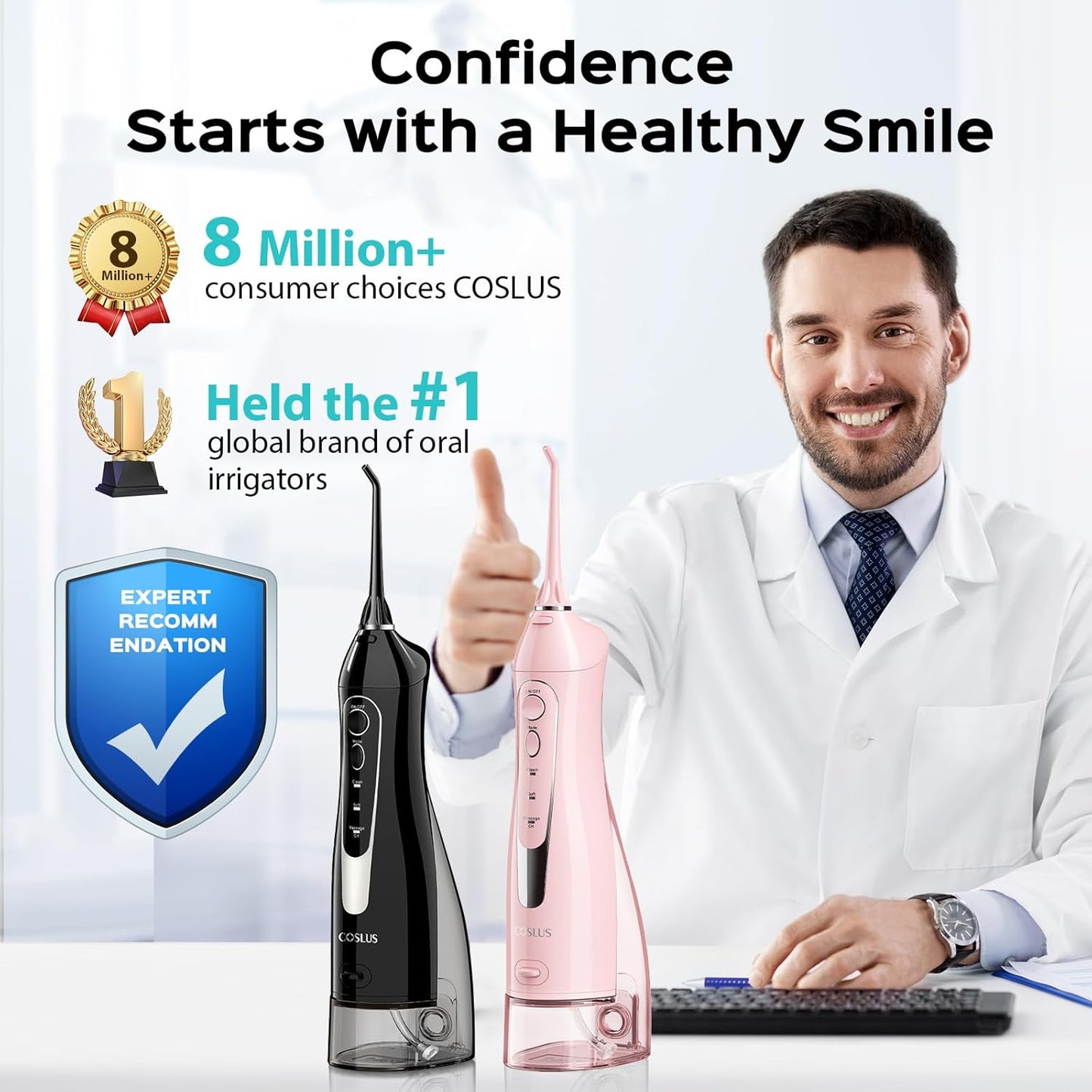COSLUS 2 Pack Cordless Water Flosser with Elegant Packaging for Teeth, Braces, Gums Care - Easy to Use, Rechargeable, Waterproof, Portable for Travel, BPA-Free, Black & Pink, C20(F5020E)