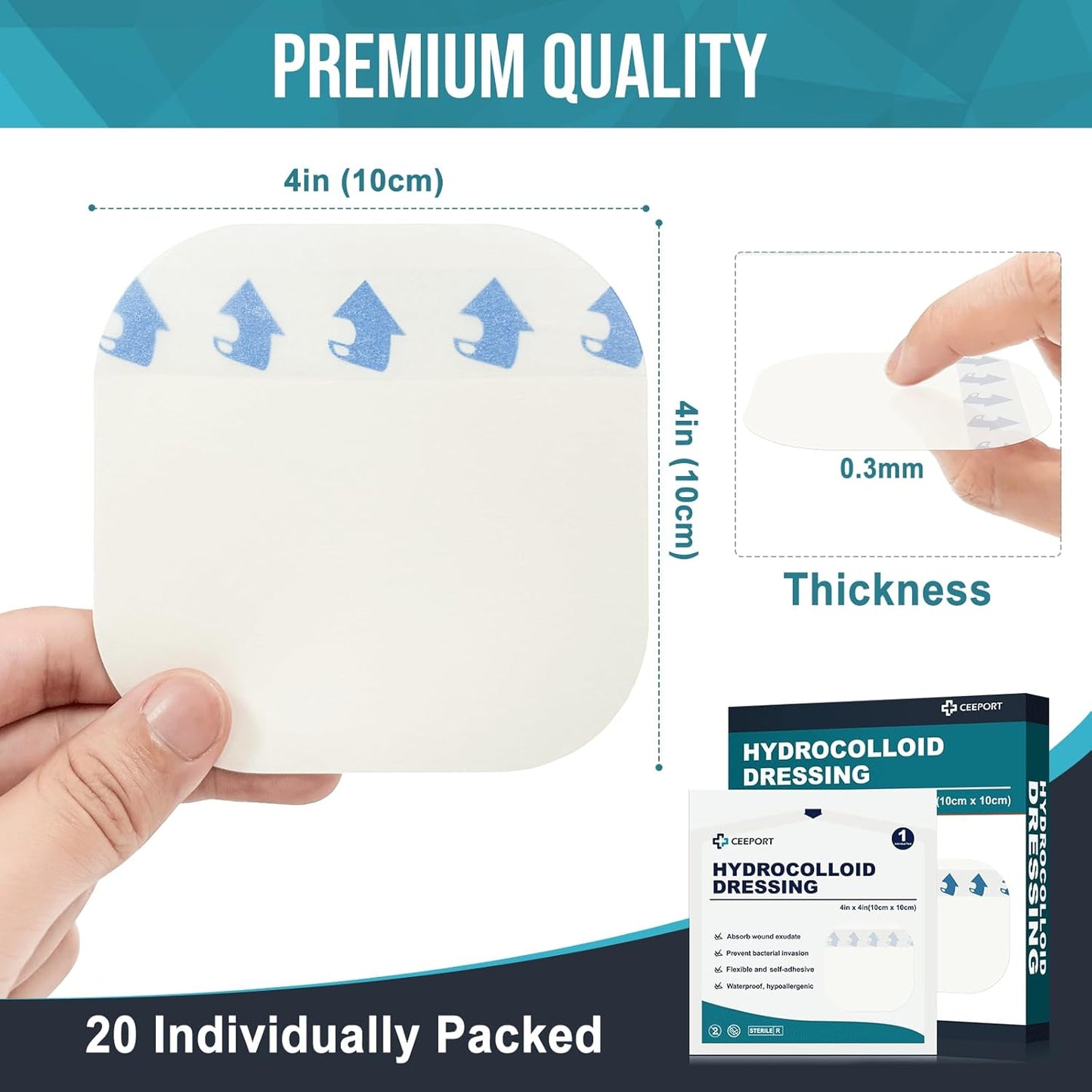 20 Pack Hydrocolloid Wound Dressing, 4" x 4" Ultra Thin Hydrocolloid Bandages with Self-Adhesive, Waterproof Hydrocolloid Patch for Bed Sore, Mild Burn, Blister, Acne Care