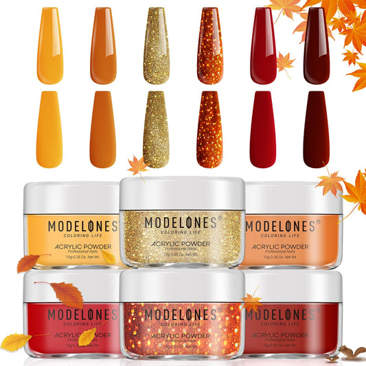 MODELONES 6 Colors Acrylic Powder, Fall Autumn Acrylic Nail Powder Gold Red Yellow Orange Nail Acrylic Powder for Acrylic Nail Art 3D Nail Carving French Nail Extension, Gifts for Women