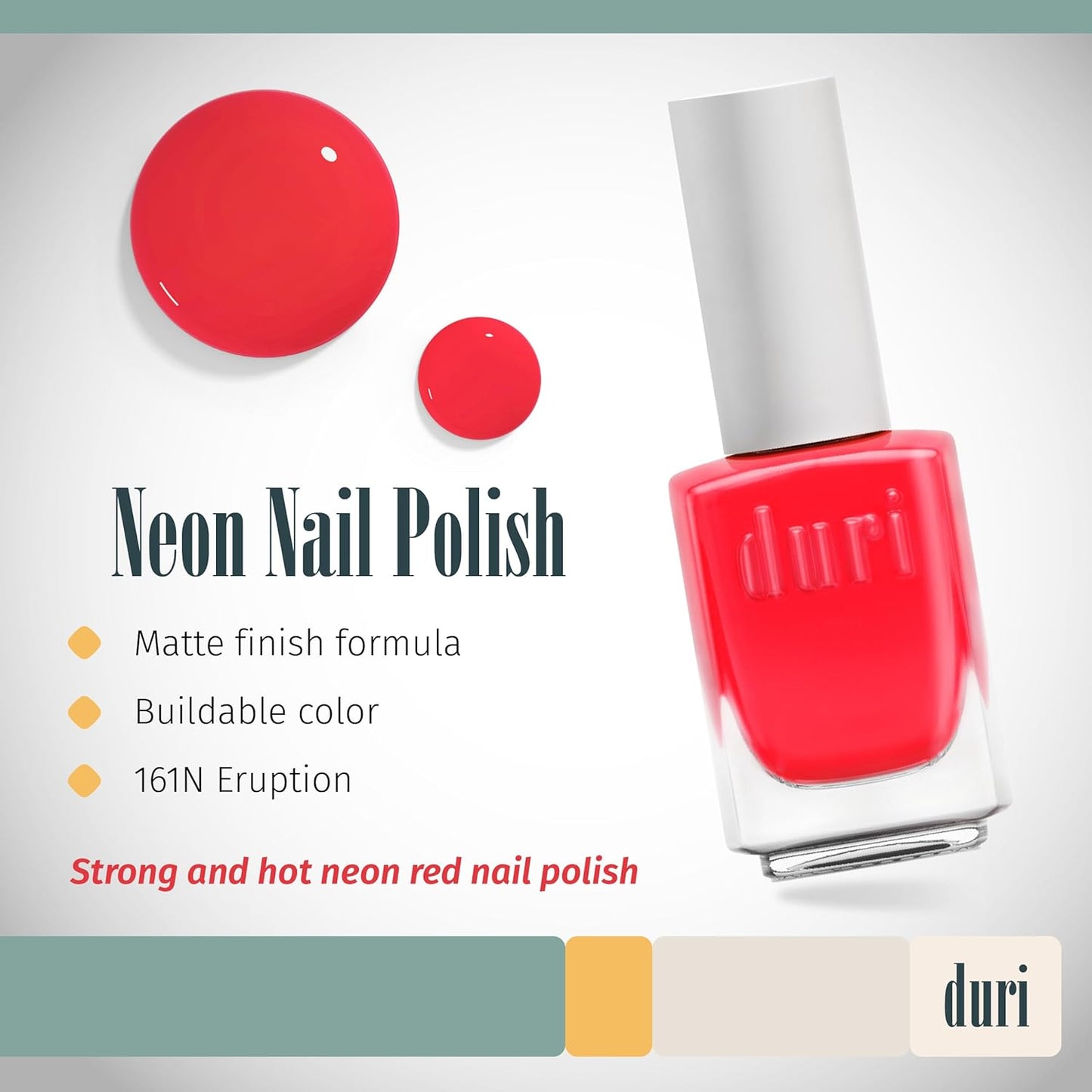 duri 161N Eruption Nail Polish, Neon Red Matte Finish, Full Coverage, Lasting, 0.45 Fl Oz