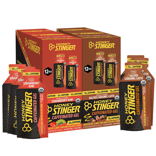 Honey Stinger Caffeinated Organic Energy Gel Variety Pack, 12 Packs Each of Salted Caramel Latte & Strawberry Kiwi, Caffeinated & Gluten Free, For All Exercises, Sports Nutrition for Home & Gym