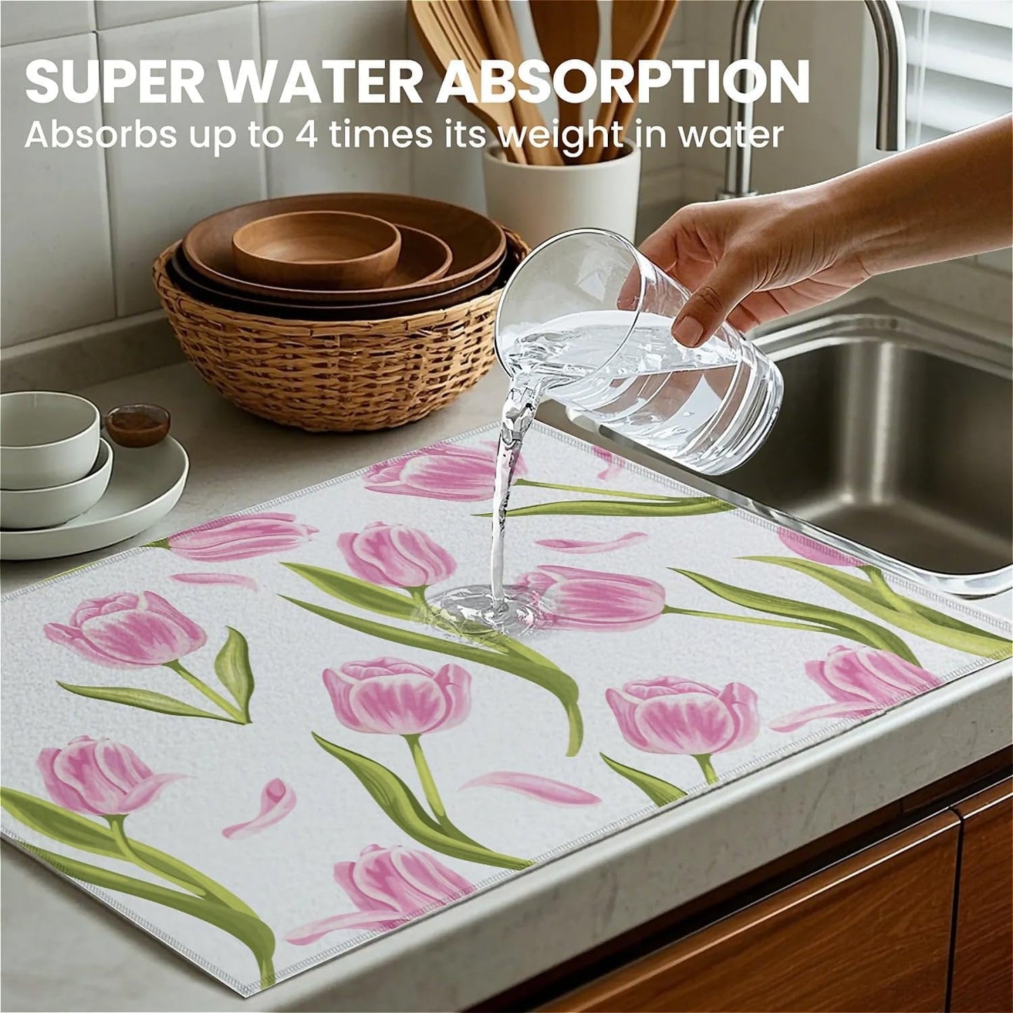 Dish Drying Mat For Kitchen Counter, Pink Tulip Flower Microfiber Absorbent Dish Drainer Rack Pad Reusable Large 18x24in Drying Mat