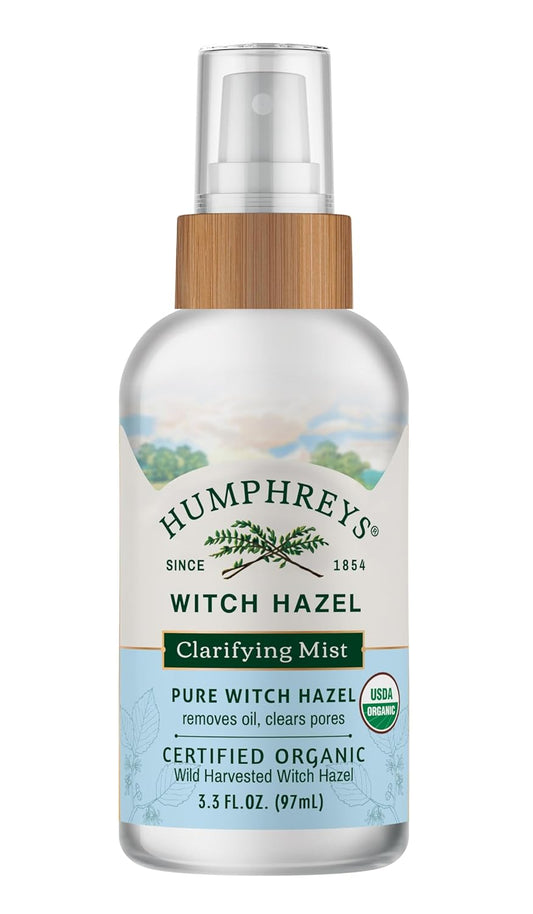 Humphreys Witch Hazel Clarifying Toner Mist Spray | Wild Harvested Witch Hazel | USDA Organic| Travel Size 3.3 Fl Oz | Fragrance Free | Clears Pores & Removes Oil