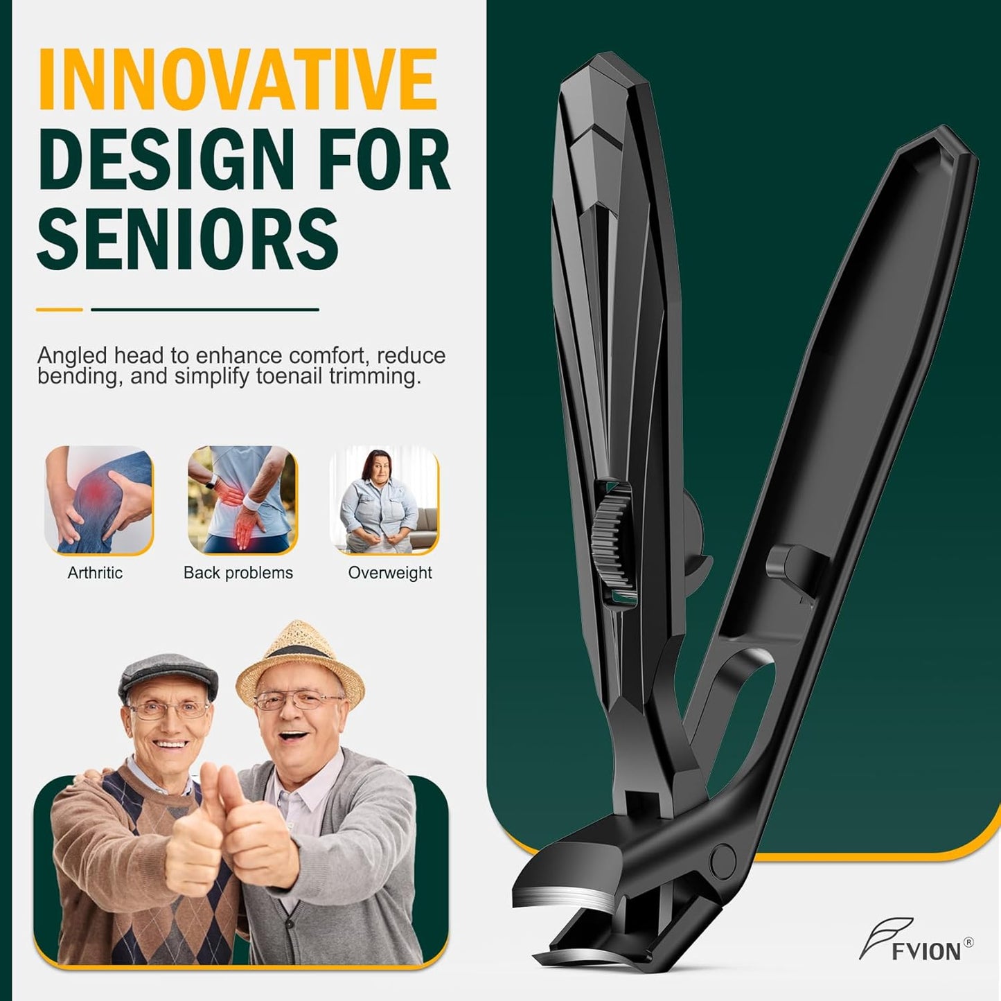 FVION Ergonomic Angled Toenail Clippers for Thick Nails – Long Handle Nail Cutter with Lock & Catcher, Stainless Steel Clippers for Seniors, Men & Women （Black）
