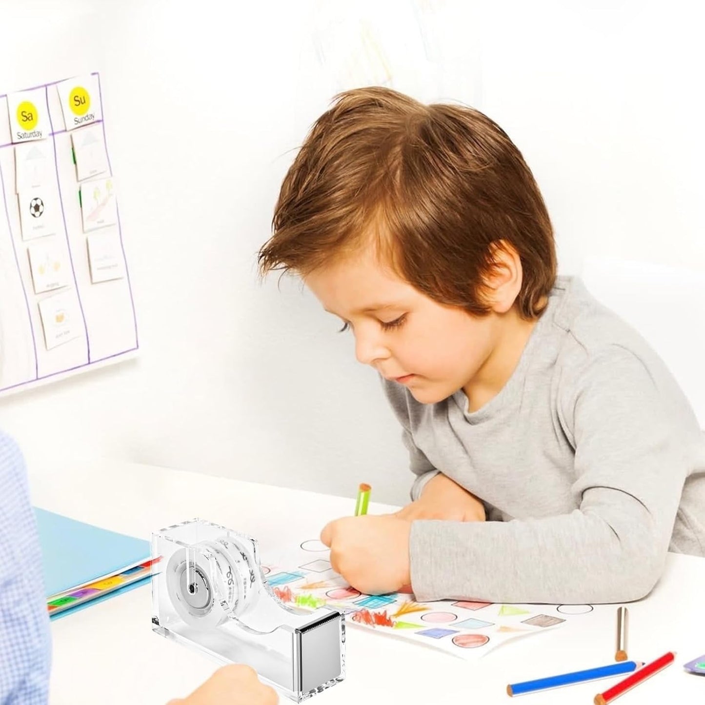 2-Piece Acrylic Office Tape Dispenser, Transparent Tape Dispenser Kit with Non-Slip Rubber Bace, 1 Inch Core Morden Accessory for Stylish Desk at Home, School, Office-Silver