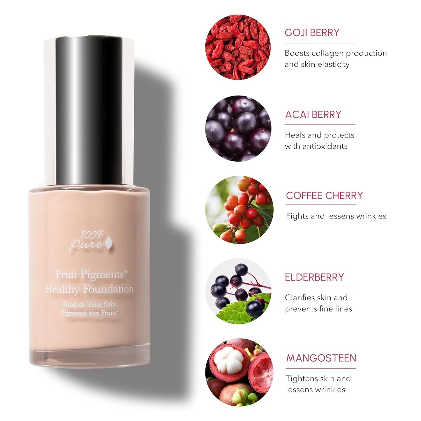 100% PURE Healthy Foundation Full Face Coverage Makeup, Liquid Matte Finish with Anti-Aging Benefits - Vegan - Gorgeous Fruit Pigmented Creme Color - (Fair with Warm Undertones) - 1 Fl Oz