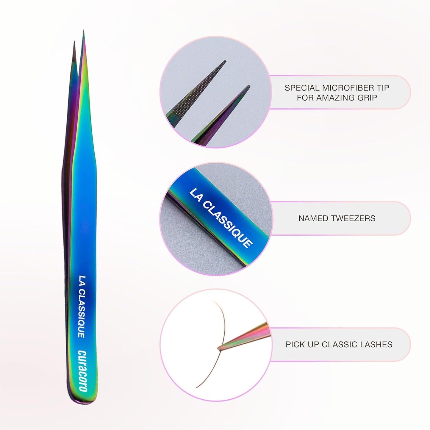 Curacoro Lash Tweezer - Professional & Precision Fiber Tip Grip Lash Tweezers for Eyelash Extensions, Multi Shapes & Purposes Tweezers for Volume, Isolation & Classic Lashes (Galaxy, La Classique)