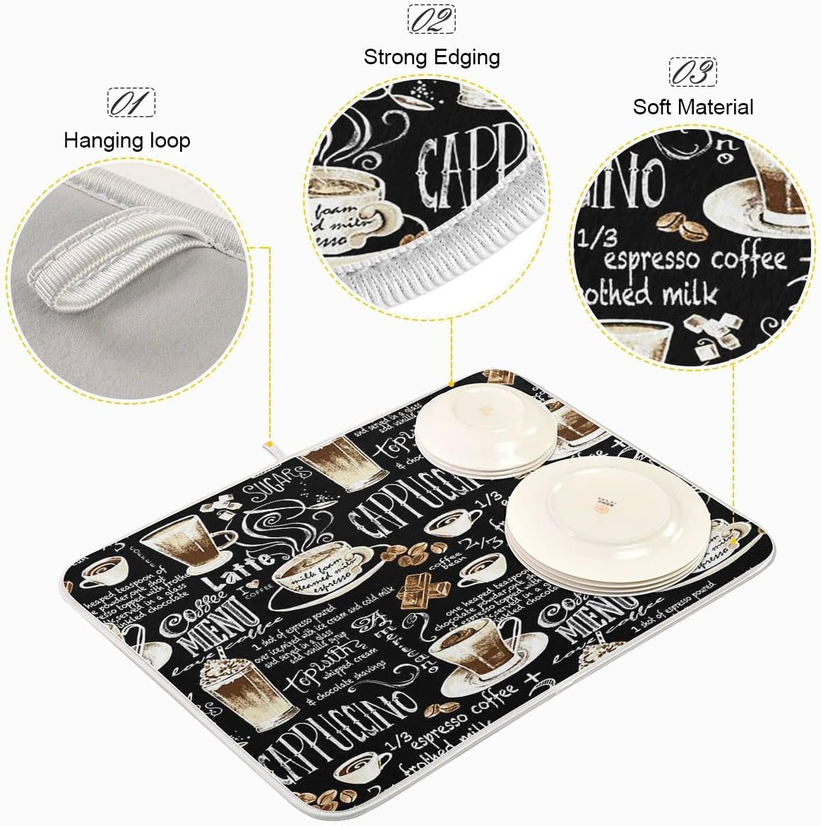 Coffee Black Dish Drying Mat for Kitchen Coffee Beans Maker Cappuccino Latte Chocolate Microfiber Drying Mats Absorbent Reversible Dish Pad Large Dish Draining Mat 18x24 inch