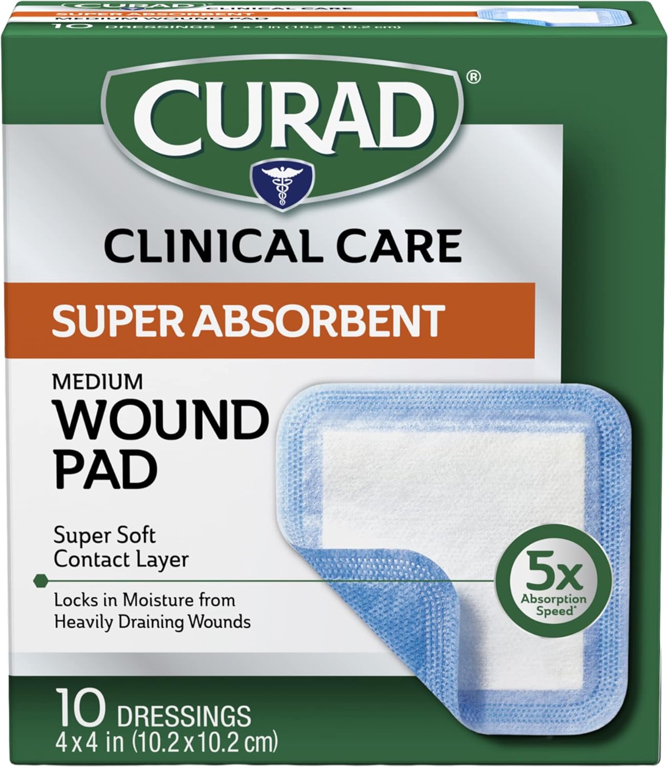 Curad Super Absorbent Wound Pad, Medium, 4" x 4", 10 Count