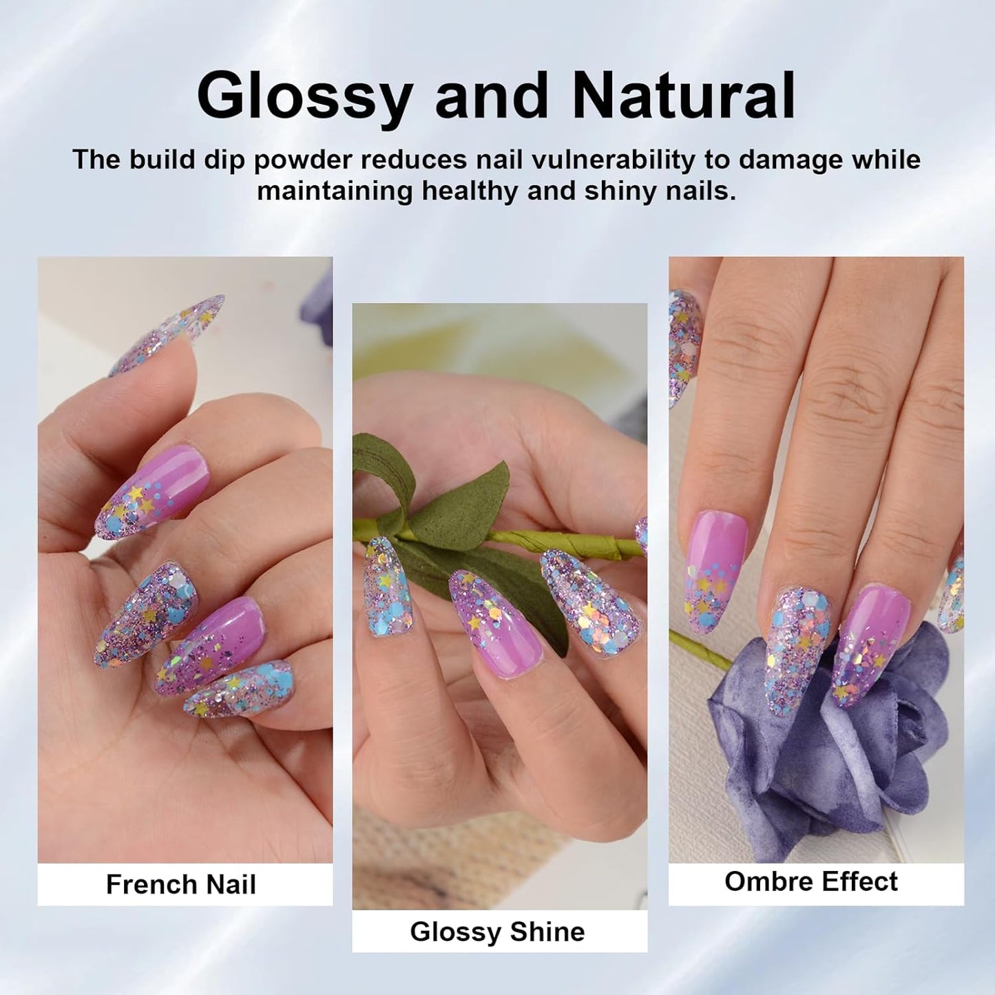 Long Lasting Nail Dip Powder Colors, Lavender Purple Blue Glitter Dipping Powder - No Needed Led Lamp - Art Starter Manicure Beginner DIY Salon Home Gift 1oz