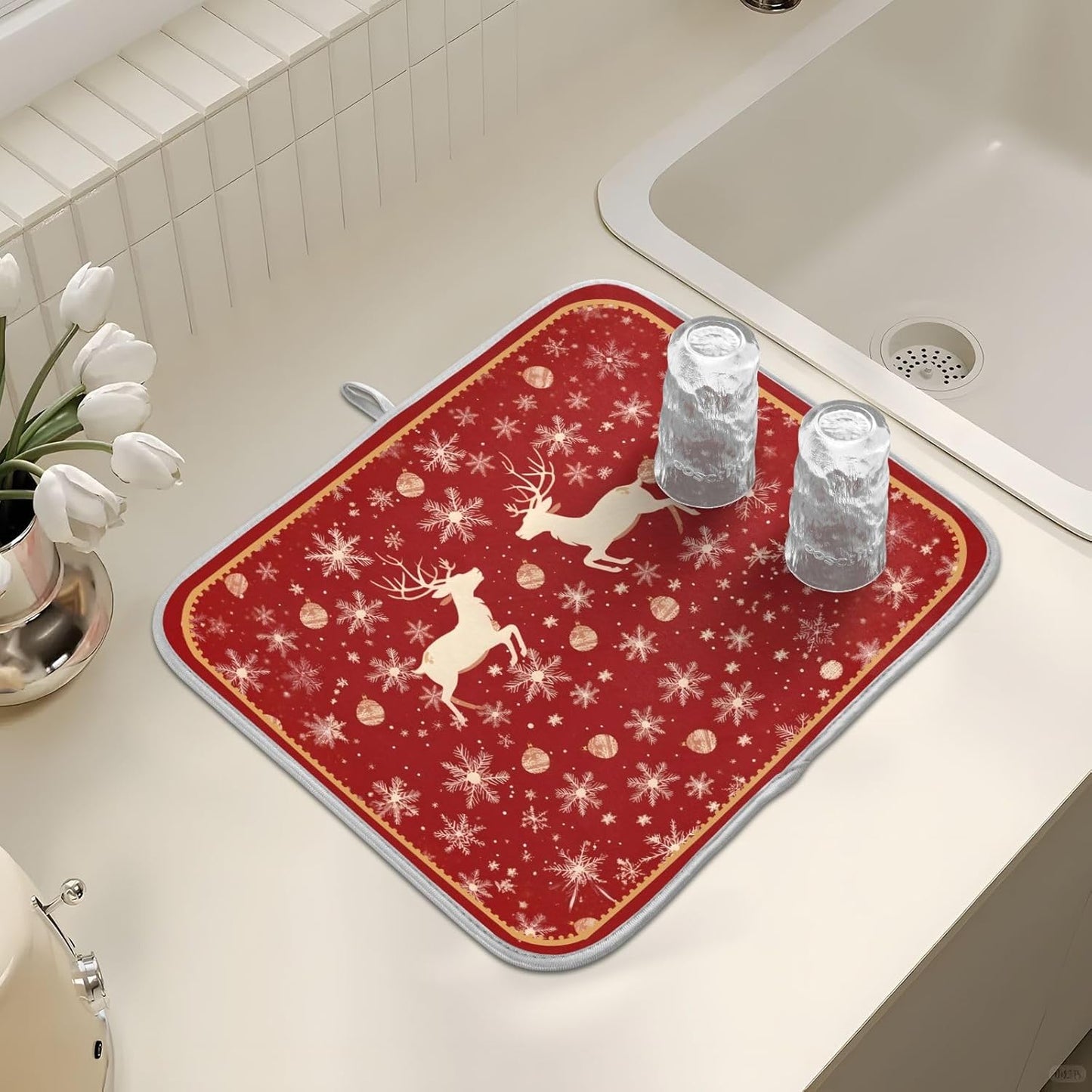 Golden Snowflake Elk Reindeer Red Dish Drying Mat Christmas Dish Drainer Mat for Kitchen Counter 18x24 inch Absorbent Microfiber Dishes Pad Xmas Winter Decoration