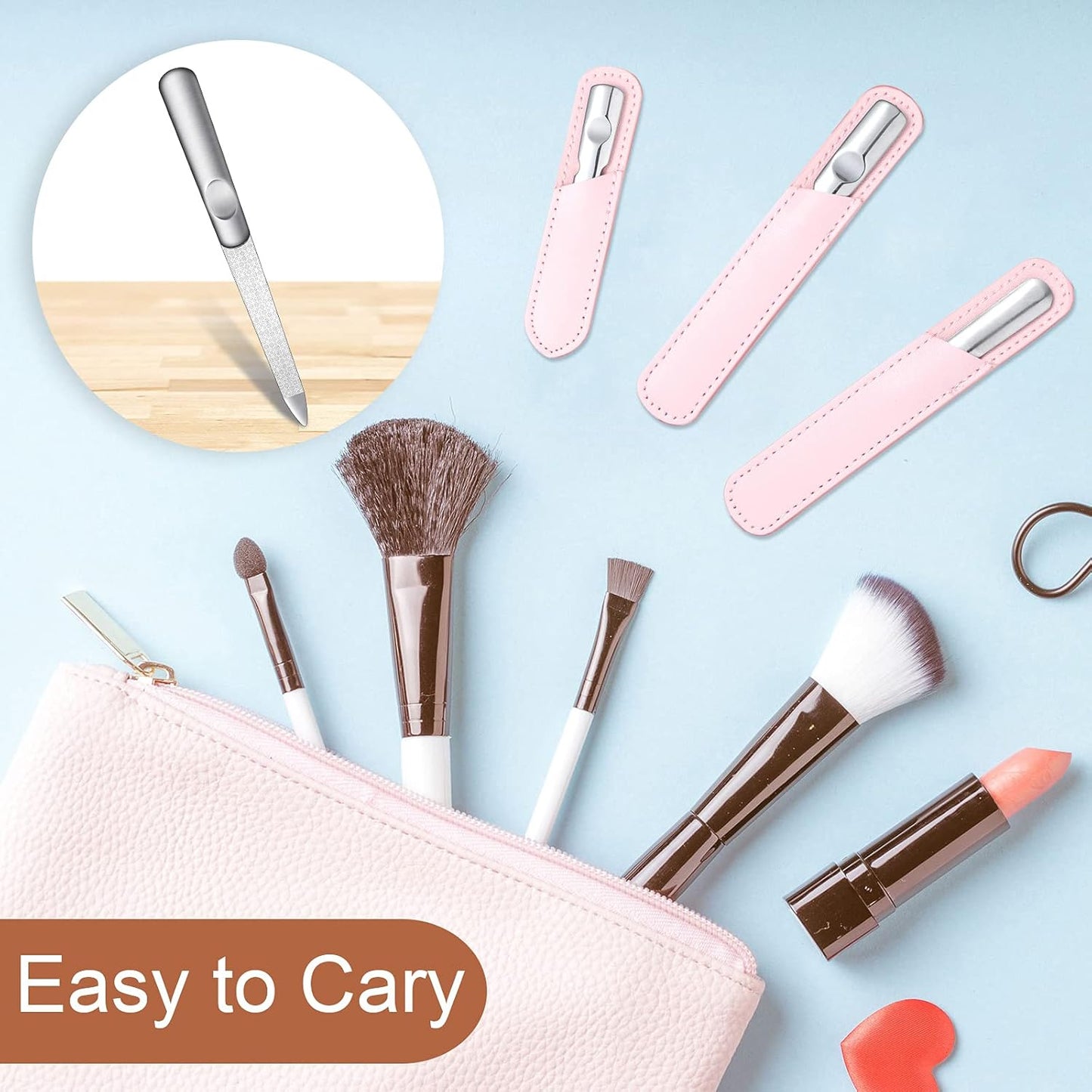 3 Pcs Stainless Steel Nail Files Kit with Leather Case, Double Sided Metal Nail Files with Anti-Slip Handle for Women and Men, Metal File Buffer Manicure Pedicure Tools for Fingernail Toenail(Pink)