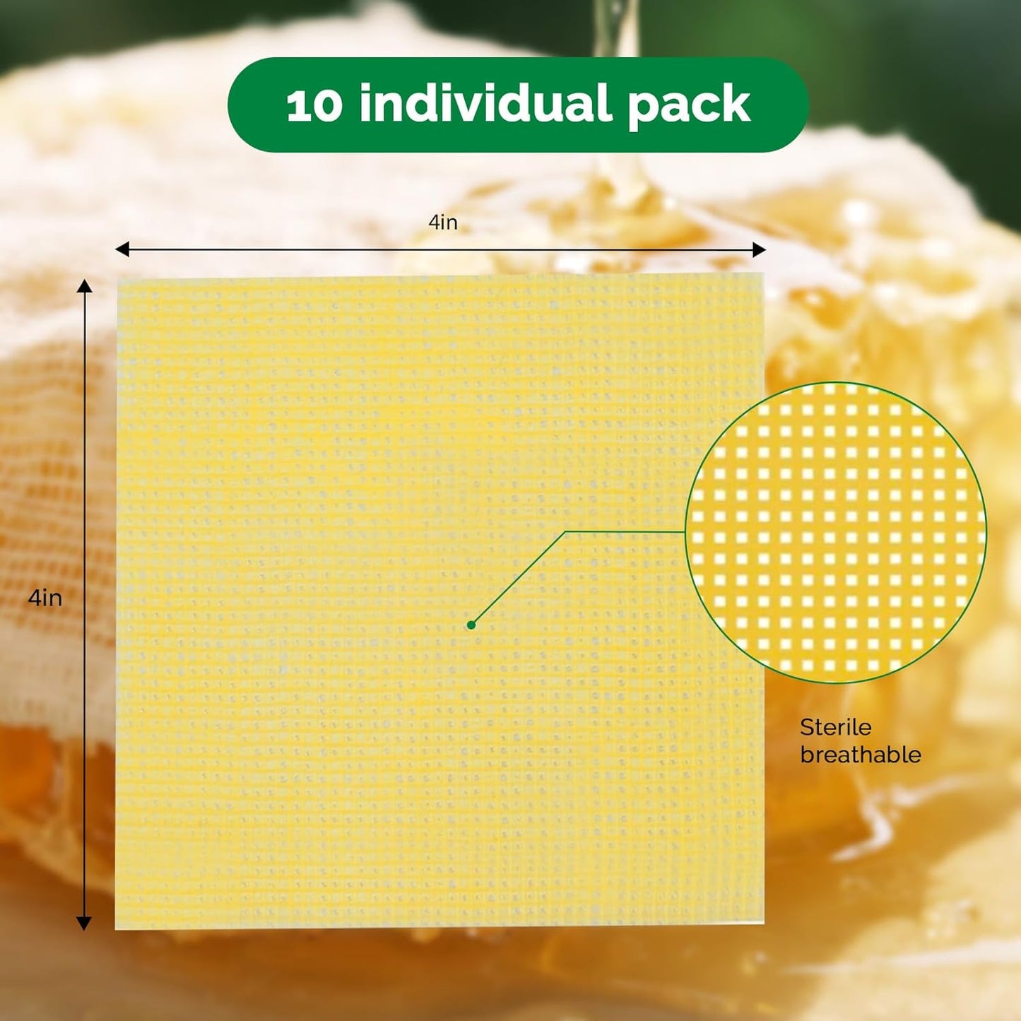 Honey Gauze Wound Dressing 4" x 4" Medical Grade Manuka Honey Wound Care Pads Honey Bandages for 1st & 2nd-Degree Burns, Abrasions, Cuts and Scalds (Individually Pack of 10)