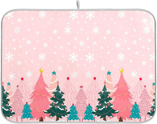 Christmas Tree Pink Dish Drying Mat for Kitchen Countertop 18x24 Winter Snowflake White Xmas Large Drying Mat Reusable Quick Dry Dish Sink Mats Easy Clean Decorative Essentials