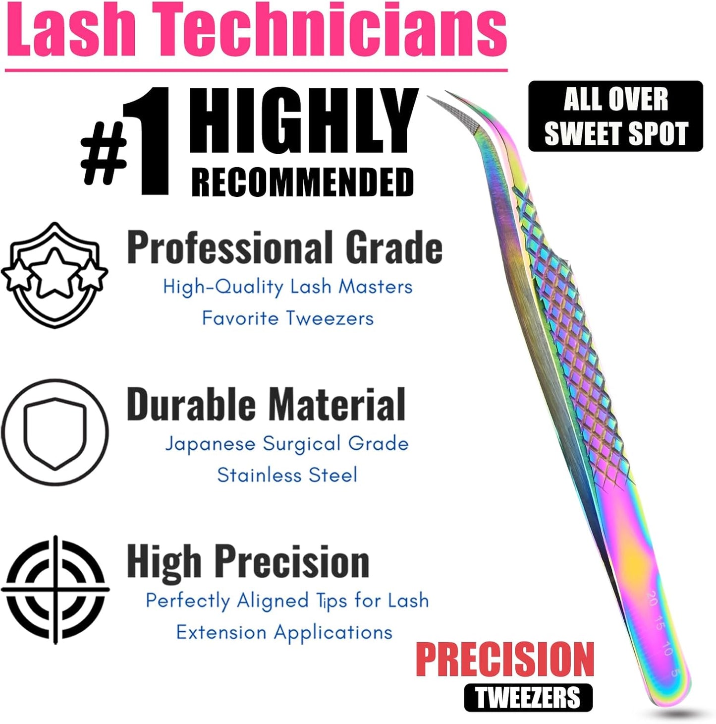 Fiber Tip Tweezers for Lash Extensions Professional Eyelash Extension Tweezer, Fiber Grip Curved Lash Fan Making Tweezers for Volume lashes Extensions (Rainbow, 1Pc)