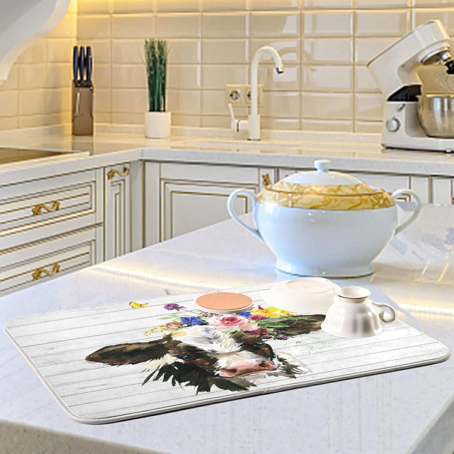 Farmhouse Cow Wood Dish Drying Mat for Kitchen 18x24 inch - Absorbent Microfiber Drainer Rack Fast Dry for Kitchen Counter