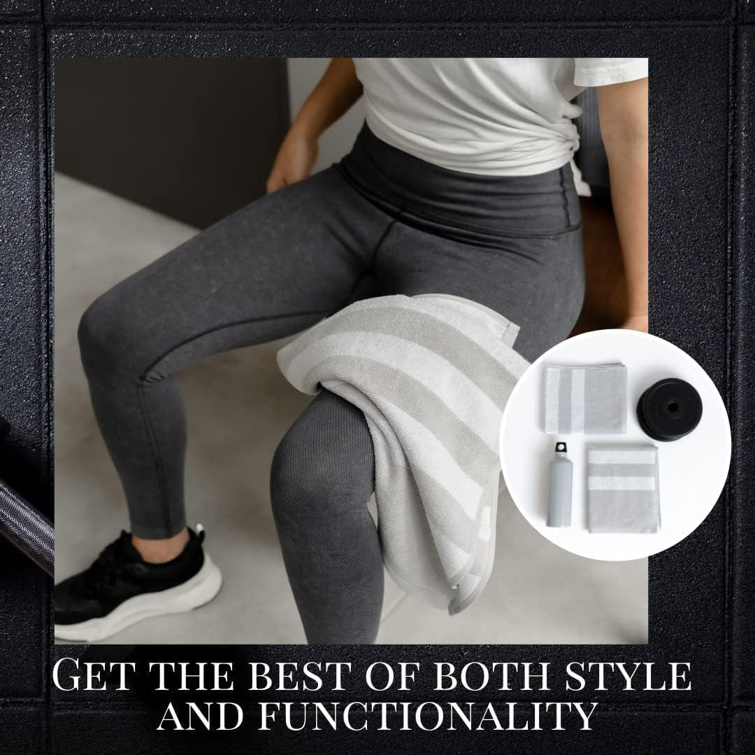 Luzia Striped Workout Towel for Sweat (Pack of 4) - Premium Quality 100% Turkish Cotton - Lightweight and Super Absorbent for Exercise, Sports, Workout, Fitness, Gym, Yoga, Running (Gray)