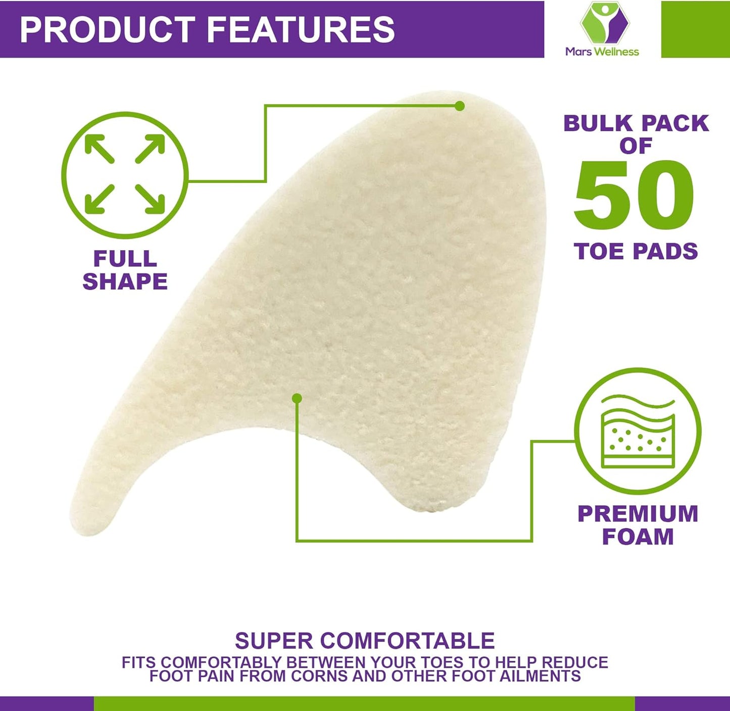 Mars Wellness Full Foam Toe Separators - Toe Spacers for Corn, Blisters Relief - 1/4 Inch - Bulk Pack of 50 Pads