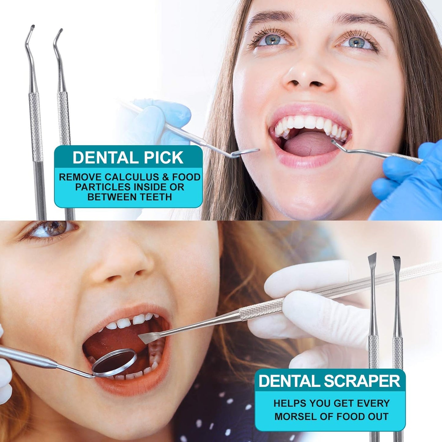 Dental Tools, 6-Pack Stainless Steel Teeth Cleaning Kit - Dental Scraper, Pick, Mouth Mirror, Tweezer for Dentist, Personal, Pets - Tartar & Plaque Removal