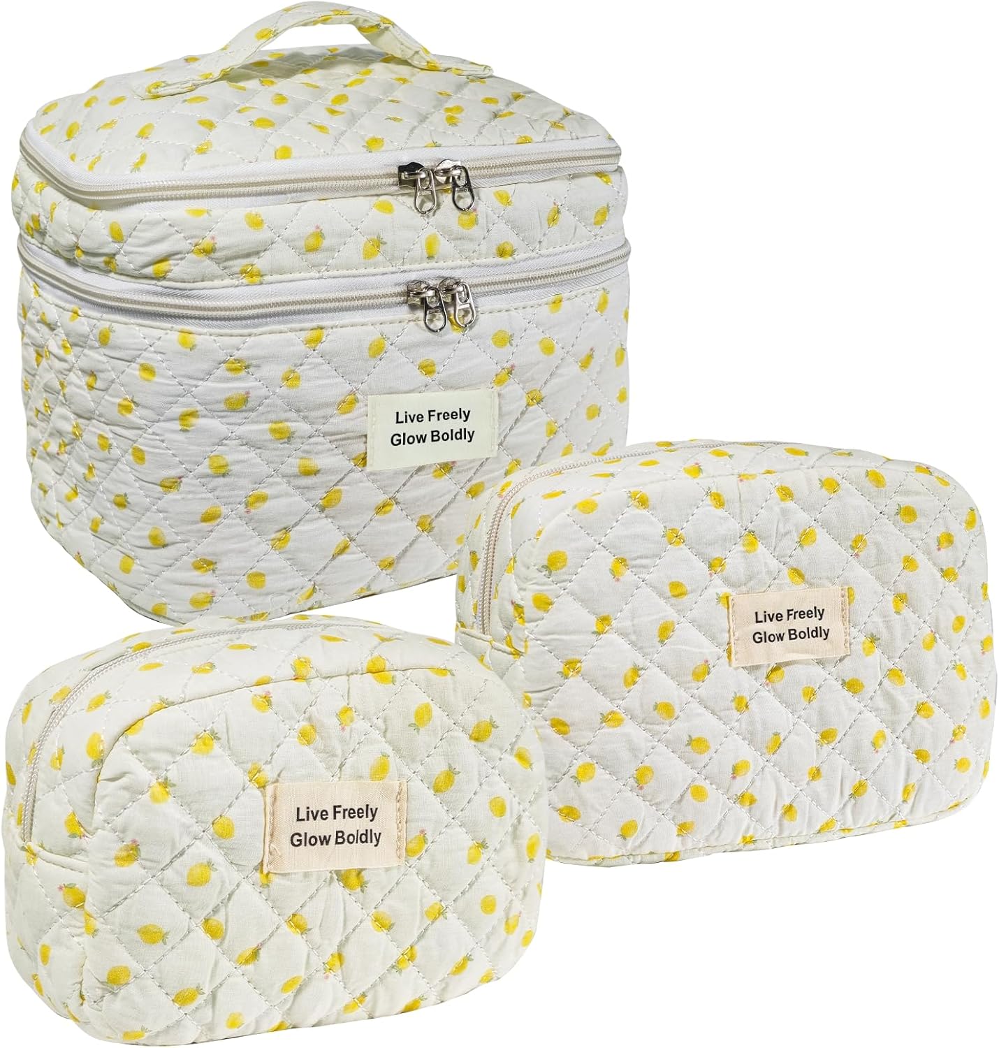 3Pcs Large Travel Quilted Makeup Bag, Double Layer Cute Floral Cotton Toiletry Bag, Aesthetic Flower Cosmetic Bag Coquette Skincare Organizer Bag for Women (78-Lemon)