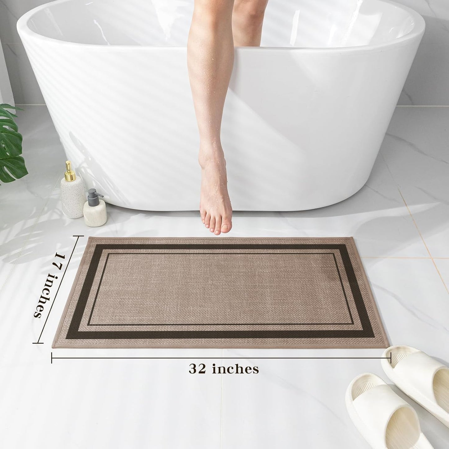 chakme Bathroom Rugs Mat 32x17, Ultra Thin Non Slip Bath Mat Quick Dry Absorbent Bath Mat for Bathroom Floor, (Dark Beige, 32"x17")