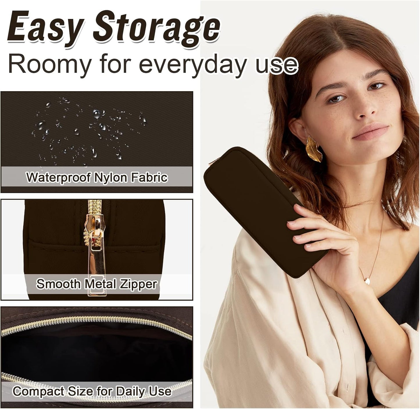 izuzta Nylon Small Makeup Bag Slim Pouch, Preppy Cute Makeup Brush Case Bag Cosmetic Zipper Pouch for Purse, Waterproof Travel Toiletry Bag Clutch Coin Pouch Make Up Organizer for Women(Brown)