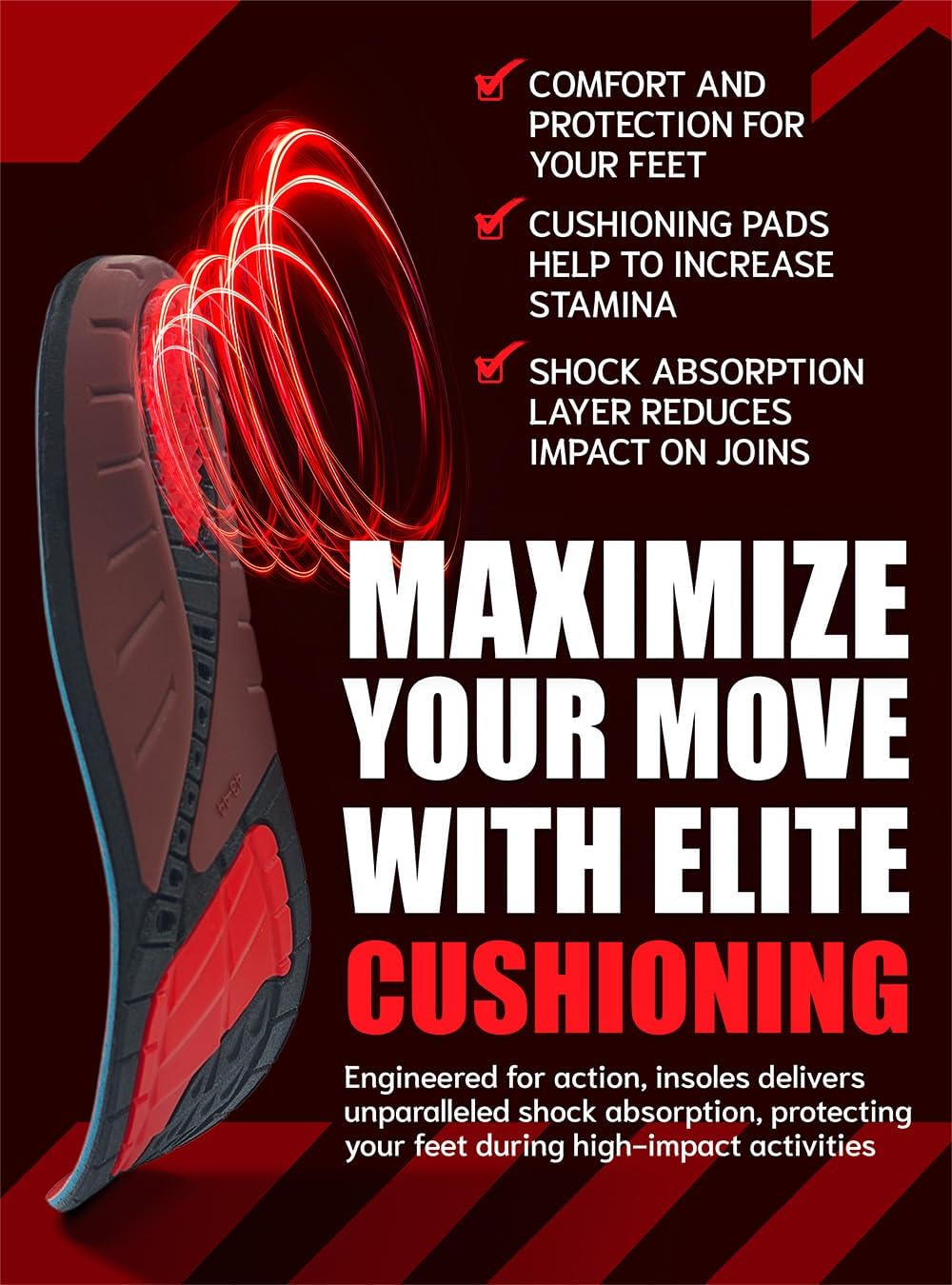 Flex Fit Sport Insoles - Medium Arch Support Inserts - Running Insoles for Sneackers - Shoe Inserts for Men and Women (Red, XS)