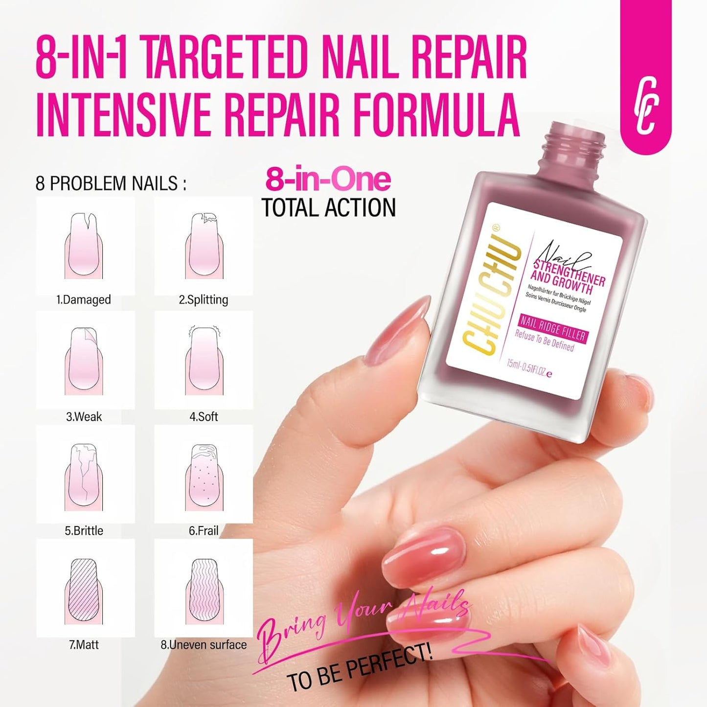 Nail Repair Hardener Extra Strong and Growth: Coral Red Natural Nail Strengthener for Enthusiast - Polish Ridge Filler Concealer for Damaged Nails 15ml