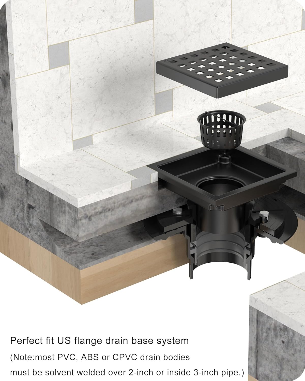 6 Inch Square Shower Drain SUS304 Stainless Steel Bathroom Floor Drain Strainer, Hair Catcher, Anti-Clog, Rust-Resistant, Fast Drainage (Matte Black)