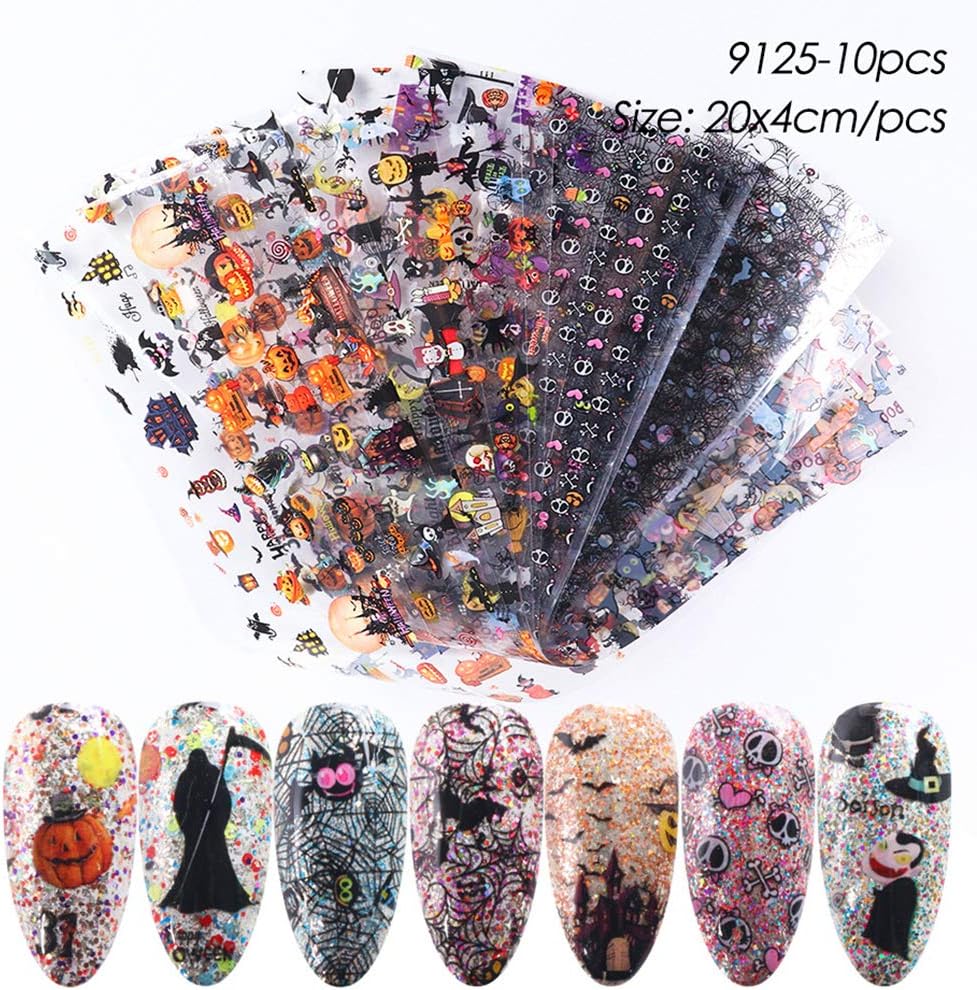 Halloween Nail Foil Set Fall Nail Decals Day of The Dead Nail Art Stickers Pumpkin Cat Designs Charms Nail Decorations DIY Transfer Paper Holographic Nail Decor Wraps Adhesive Accessory 10Pcs/Pack