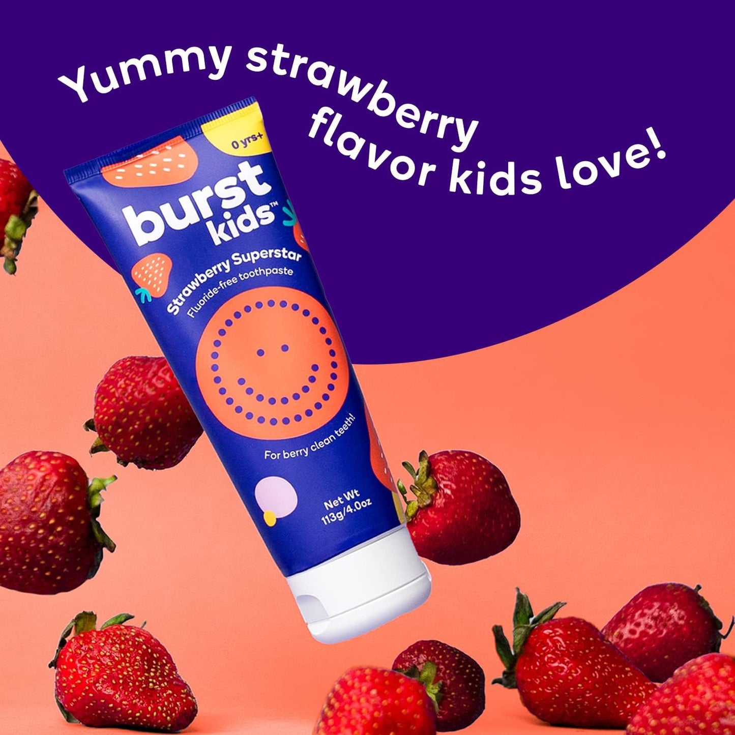 BURST Fluoride Free Strawberry Kids Toothpaste (4oz) | Great Tasting | Dye Free for Baby & Toddler Age 0+ | with Nano Hydroxyapatite