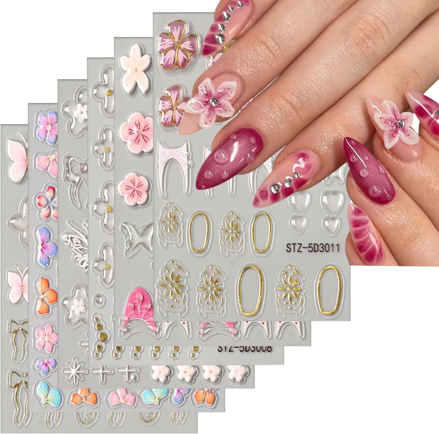 6 Sheets Flower Nail Art Stickers 5D Self-Adhesive Nails Sticker Floral Butterfly Nail Art Decals Holographic Decal Decoration for Women Golden Bow Manicure Stickers DIY Nail Sticker Supplies