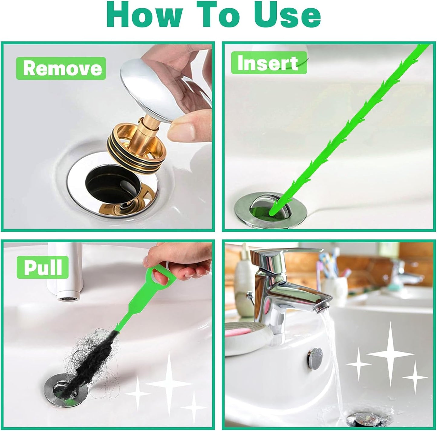 Drain Snake Hair Drain Clog Remover - 4 Pack Shower Snake Sink Unclogger Tool with Exquisite Packaging (Green)