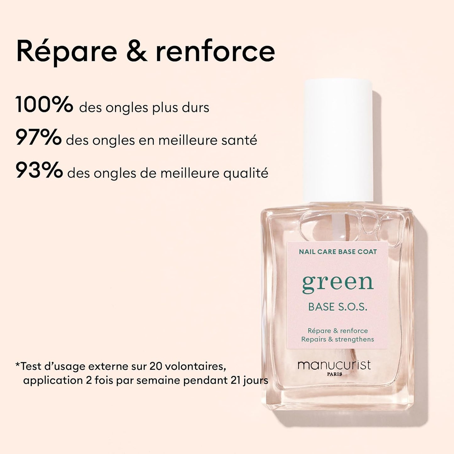 MANUCURIST - S.O.S. Base Coat - Enriched with Vitamins C and B5 - Nail Fortifier - Repairs and Strengthens - Care for Very Damaged Nails - Vegan, Up to 78% Plant-Based - 0.5 fl oz