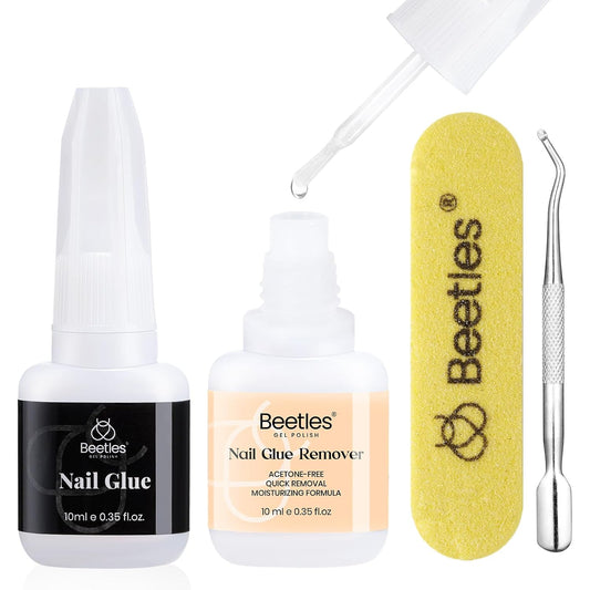 Beetles Nail Glue with Glue Remover Kit, 2 * 10ML Super Strong Easy to Remove Off Fake Nails Adhesive Remover with Cuticle Pusher